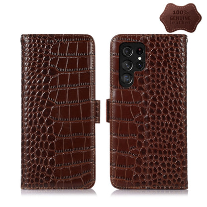 Brown crocodile-embossed leather phone wallet case with magnetic flip and rear camera opening