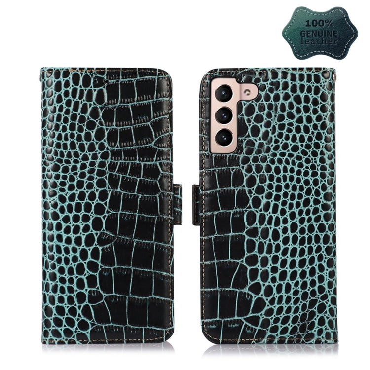 Crocodile-textured leather phone case with flip cover, teal and black, dual camera cutout