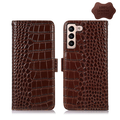 Brown crocodile-embossed leather phone wallet case, open flip with rear camera cutout
