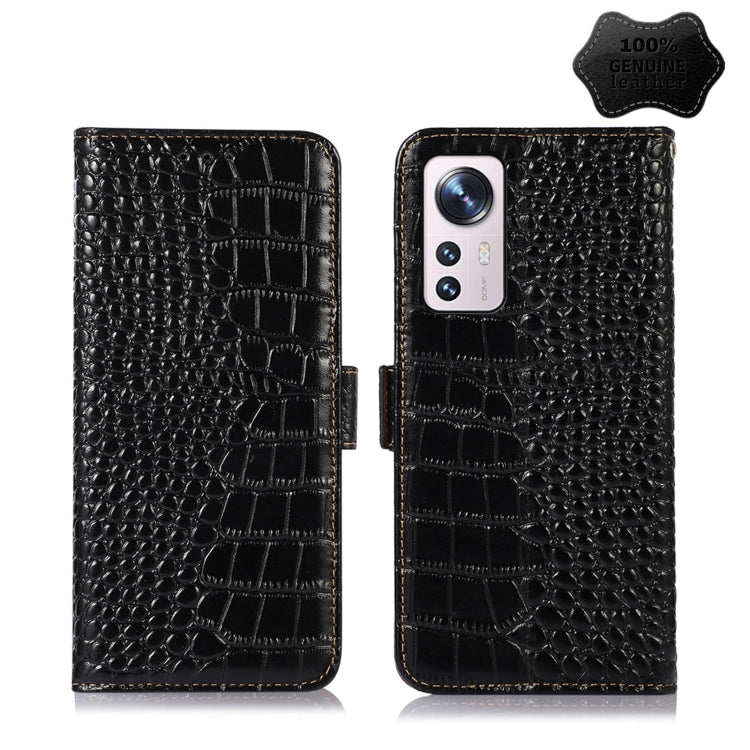 Crocodile-texture leather flip phone case, black, front cover and camera cutouts