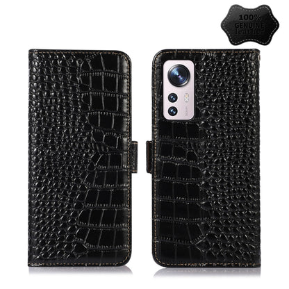 Crocodile-texture leather flip phone case, black, front cover and camera cutouts