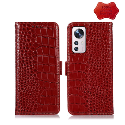 Crocodile-texture leather flip phone case, red, front cover with camera cutouts on back