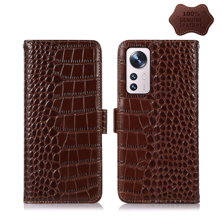 Crocodile-textured leather phone case with flip cover, brown, dual camera cutout