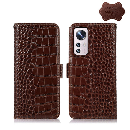 Crocodile-textured leather phone case with flip cover, brown, dual camera cutout