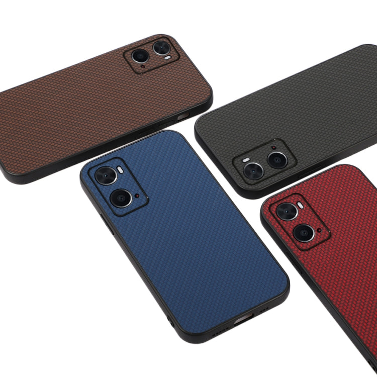 Carbon fiber texture phone cases in blue, brown, gray, and red with camera cutouts