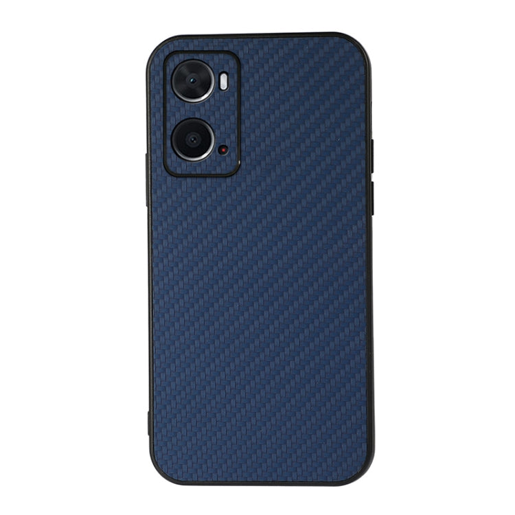Blue carbon fiber texture phone case with dual camera cutouts, front view