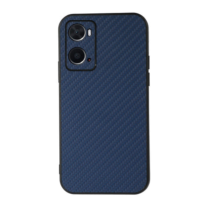 Blue carbon fiber texture phone case with dual camera cutouts, front view