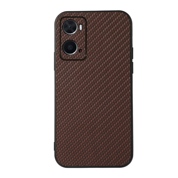 Brown carbon fiber texture phone case with dual camera cutouts, front view