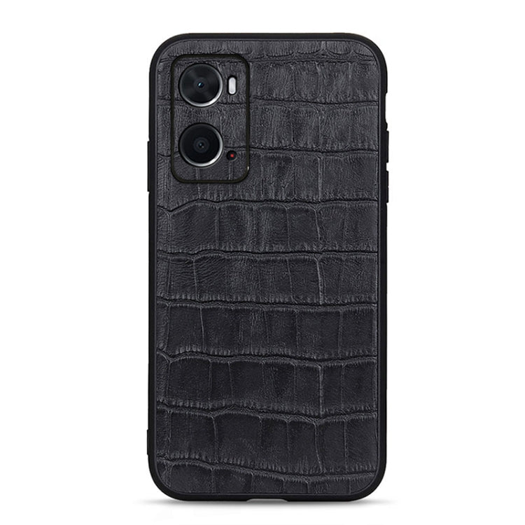 Black crocodile-texture genuine leather phone case with dual camera cutouts