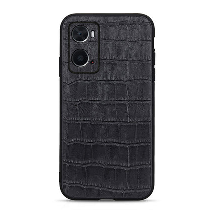 Black crocodile-texture genuine leather phone case with dual camera cutouts