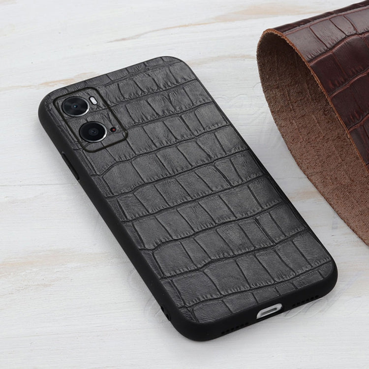 Black crocodile-texture genuine leather phone case shown at an angle