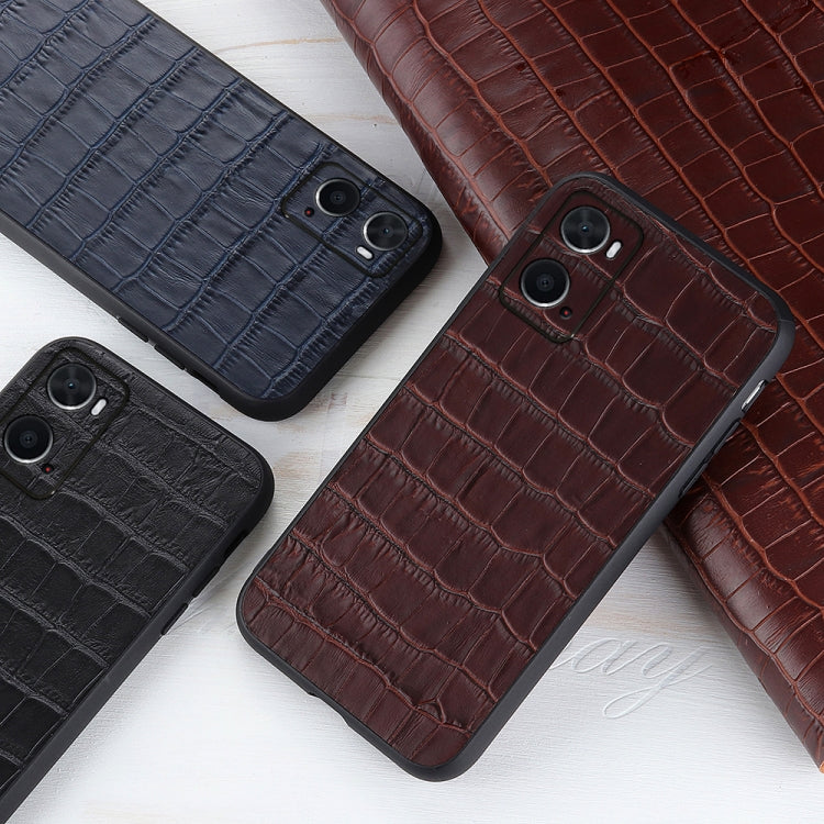Croco-texture genuine leather phone cases in blue, black, and brown-red colors