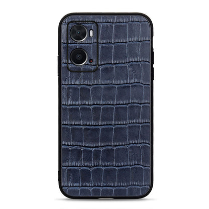 Blue crocodile-texture genuine leather phone case with dual camera cutouts