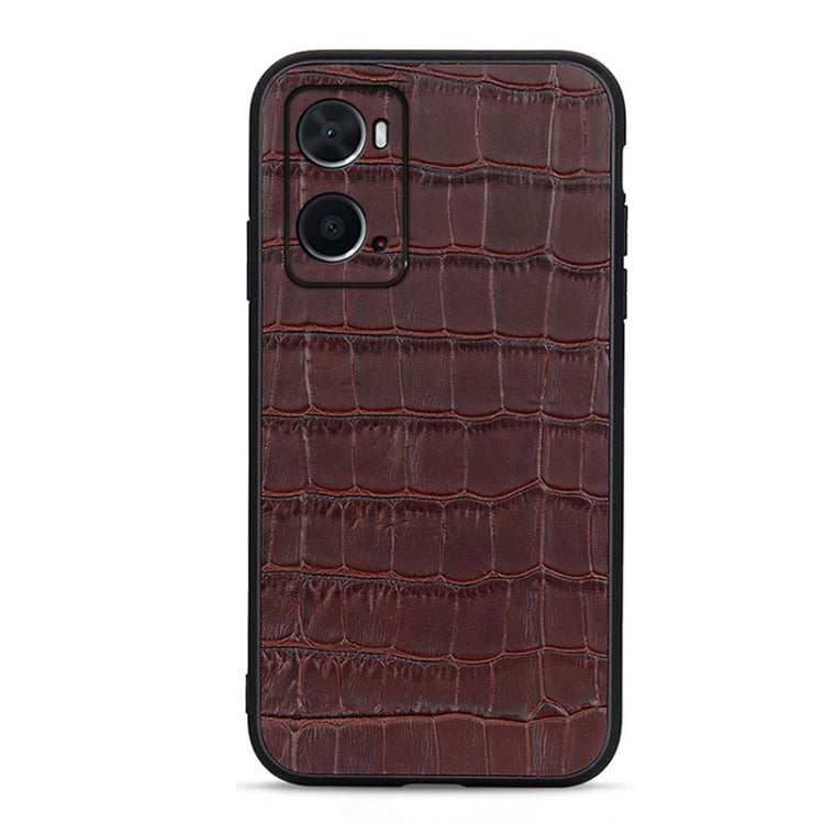 Brown-red crocodile-texture genuine leather phone case with dual camera cutouts