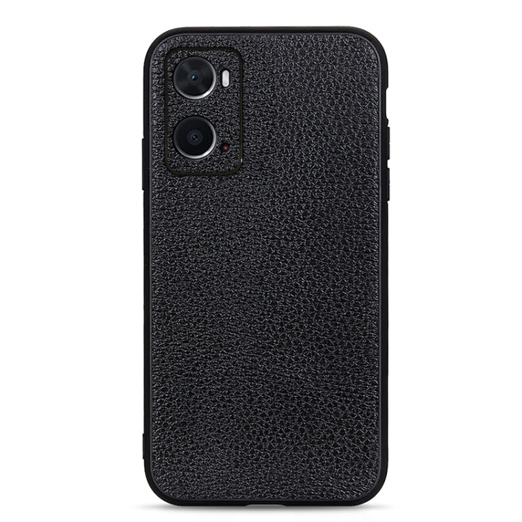 Black litchi-texture genuine leather phone case with raised dual camera cutouts