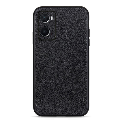 Black litchi-texture genuine leather phone case with raised dual camera cutouts