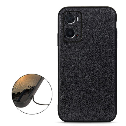 Black litchi-texture genuine leather phone case with close-up inset of camera area
