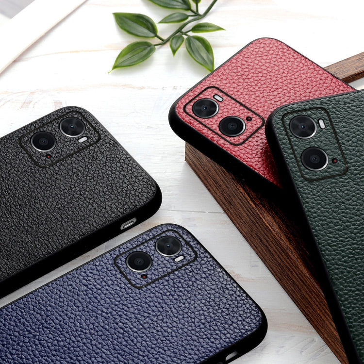 Textured genuine leather phone cases in black, red, blue, and green with camera cutouts