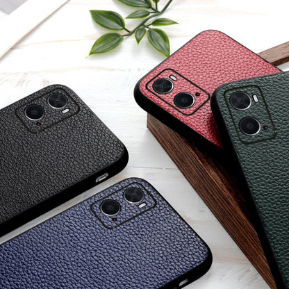 Textured genuine leather phone cases in black, red, blue, and green with camera cutouts
