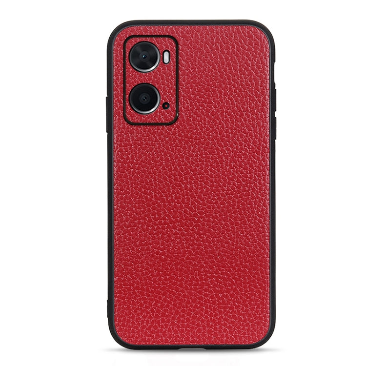 Red litchi-texture genuine leather phone case with dual camera cutouts
