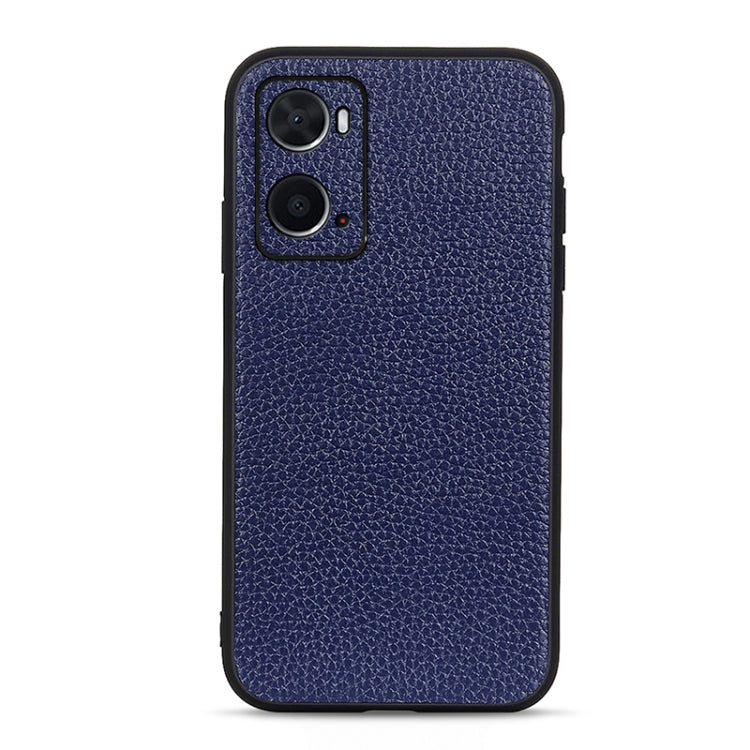 Blue litchi-texture genuine leather phone case with dual camera cutouts