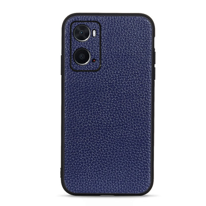 Blue litchi-texture genuine leather phone case with dual camera cutouts