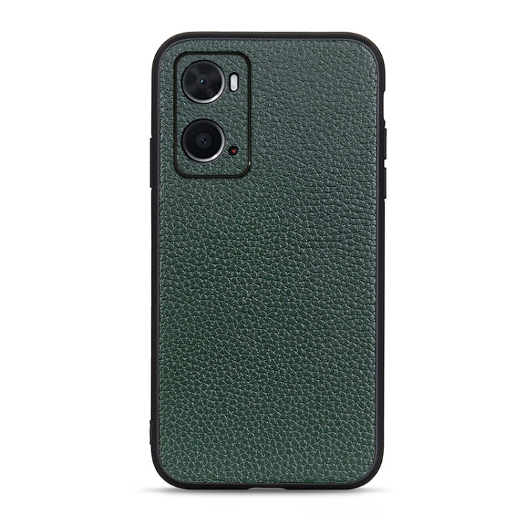 Green litchi-texture genuine leather phone case with dual camera cutouts