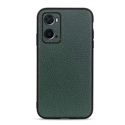 Green litchi-texture genuine leather phone case with dual camera cutouts