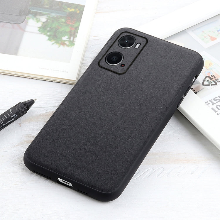 Black lambskin leather texture phone case, angled view with side ports visible