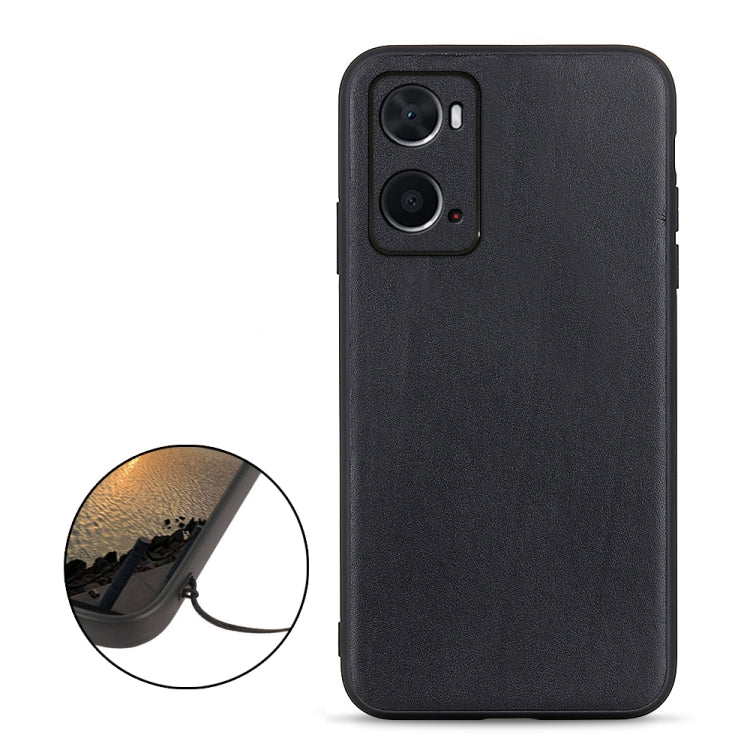 Black lambskin leather texture phone case with camera cutouts; closeup inset detail
