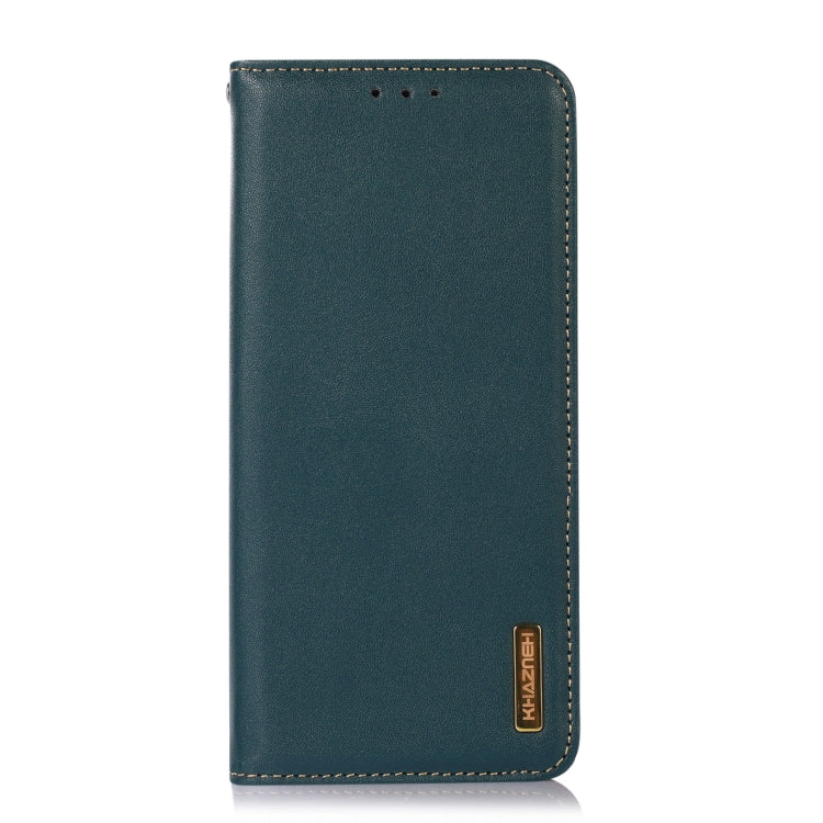 Green leather phone case with stitched trim and small top phone-cutout holes.