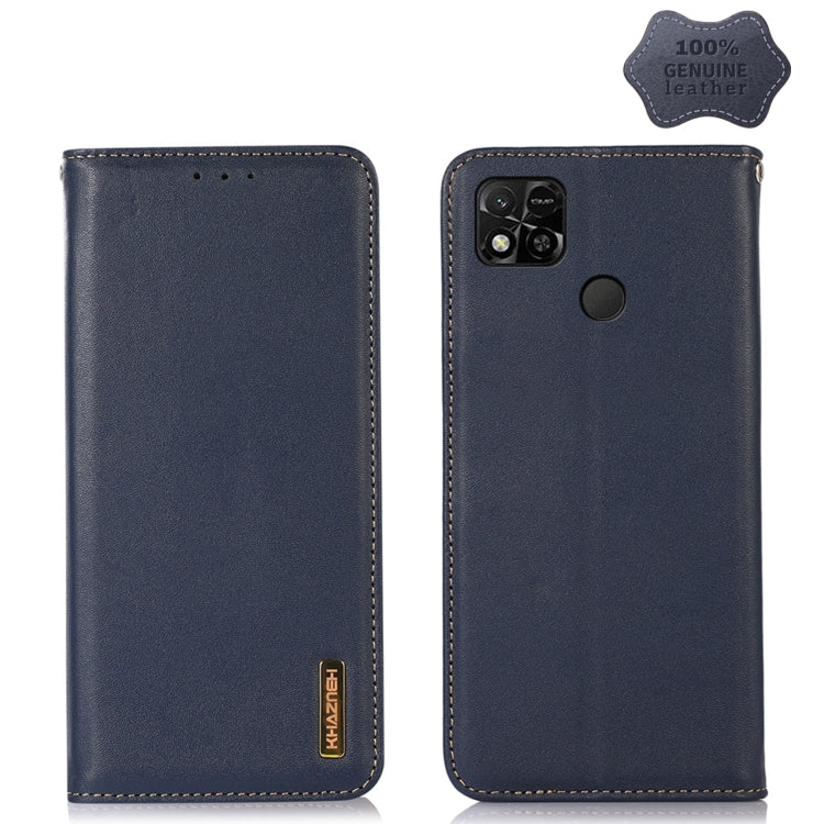 Genuine leather wallet-style phone case, dark blue, with quad camera and button cutout