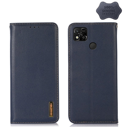 Genuine leather wallet-style phone case, dark blue, with quad camera and button cutout