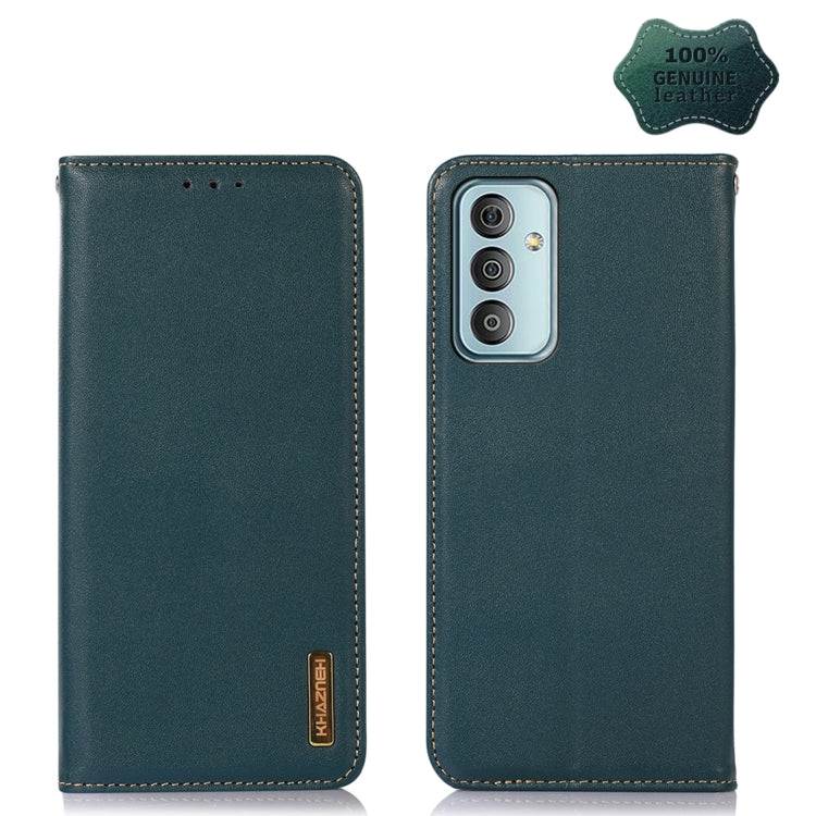 Green leather phone case with triple-lens camera cutout and genuine leather badge.