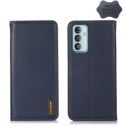 Dark blue leather phone case with stitched edges and triple camera cutout.