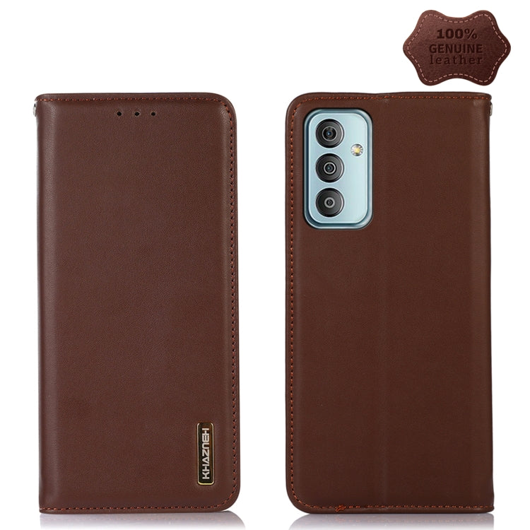 Brown leather phone case with stitched edges, Khazneh logo, back camera openings