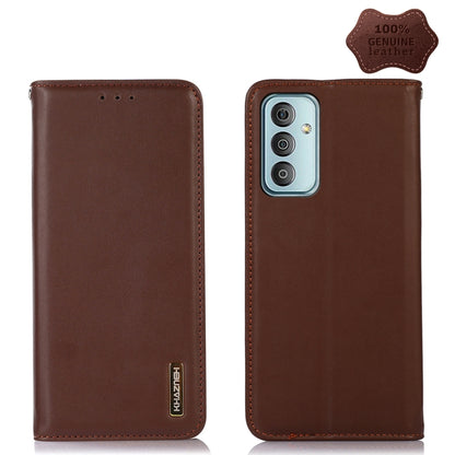 Brown leather phone case with stitched edges, Khazneh logo, back camera openings