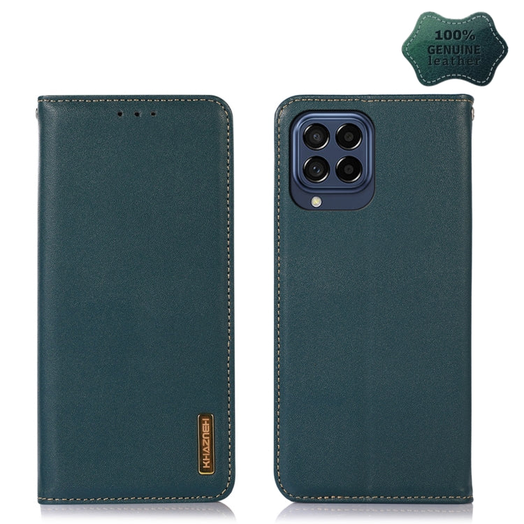 Genuine leather wallet-style phone case, teal green, with stitching and camera cutout