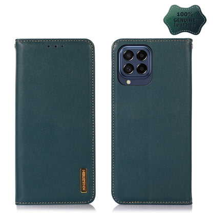 Genuine leather wallet-style phone case, teal green, with stitching and camera cutout