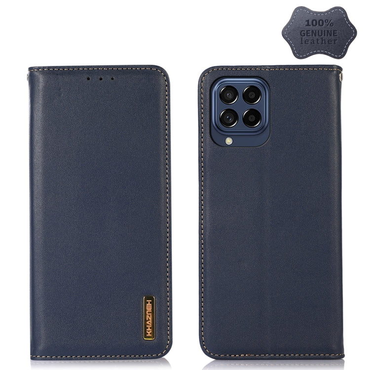 Dark blue leather phone case with stitched edges and triple camera cutout.