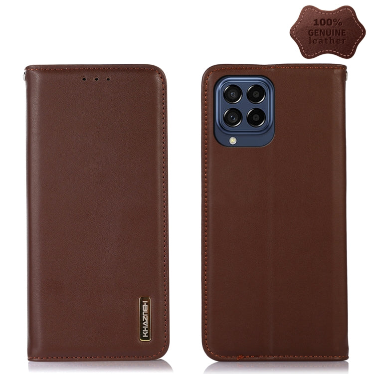 Brown leather phone case with stitched edges, Khazneh logo, triple-lens camera opening