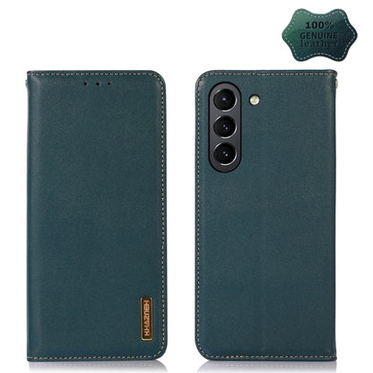Genuine leather wallet-style phone case, teal green, with triple camera cutout