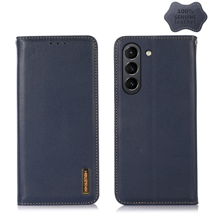 Blue leather phone case with stitched edges and dual camera cutout on back.