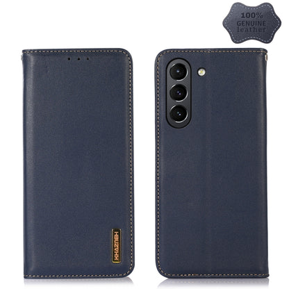 Blue leather phone case with stitched edges and dual camera cutout on back.