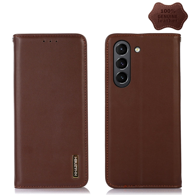 Brown leather phone case with stitched edges, Khazneh logo, dual-lens camera opening