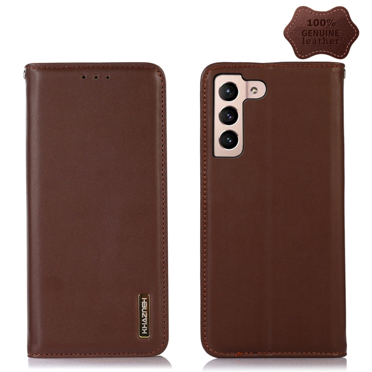 Brown leather phone case with stitched edges, Khazneh logo, side cutout and dual-lens camera