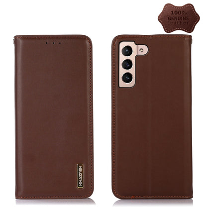 Brown leather phone case with stitched edges, Khazneh logo, side cutout and dual-lens camera