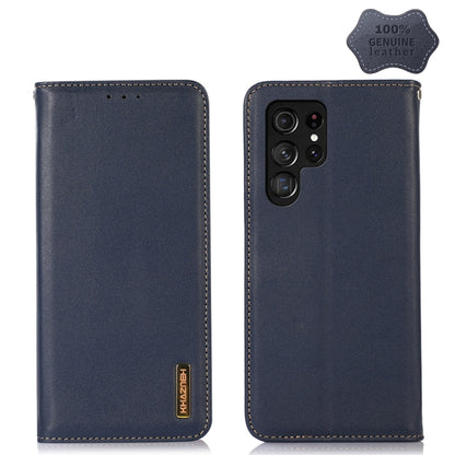Blue leather phone case with stitched trim and quad camera cutout on back.