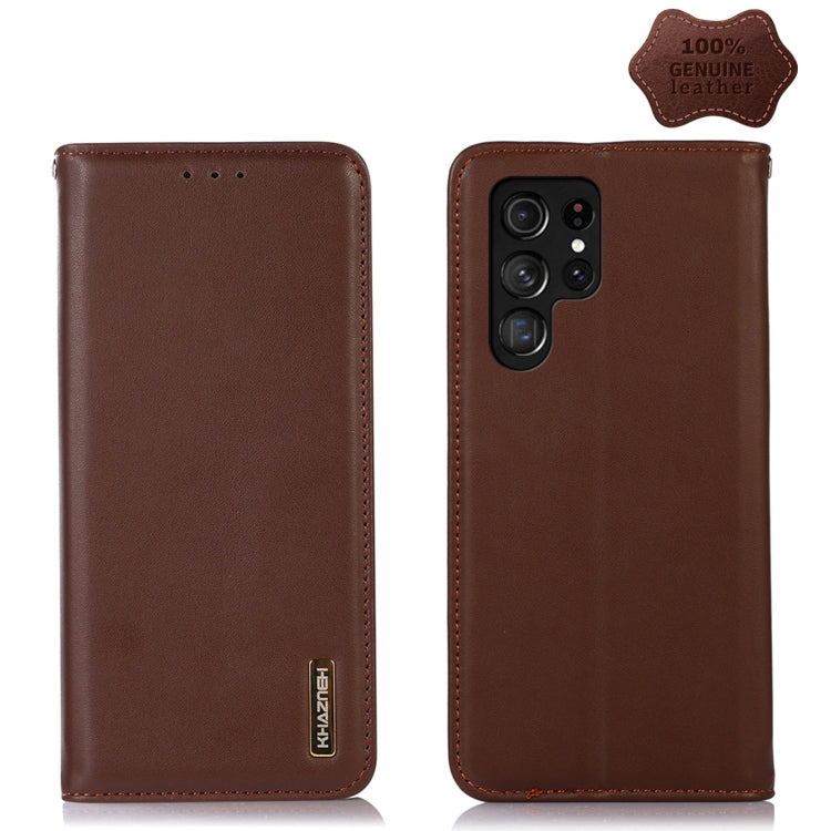 Brown leather phone case with stitched edges, Khazneh logo, quad-lens camera opening