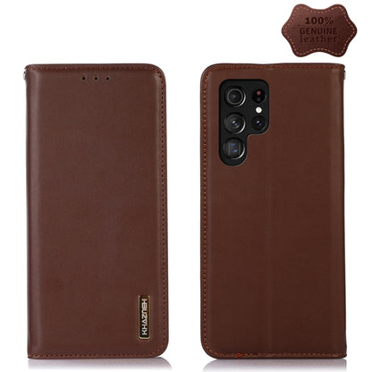 Brown leather phone case with stitched edges, Khazneh logo, quad-lens camera opening